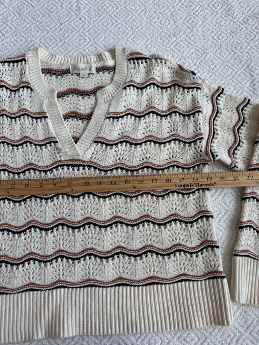 Marled Cream V-Neck Sweater with Brown and Black Stripes - Picture 3 of 7